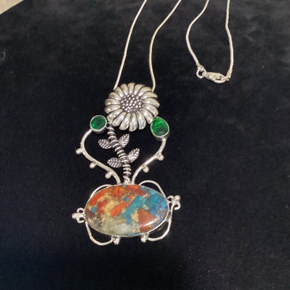 🌻Sunflower Oyster Turquoise-Green Quartz 925 Sliver Stamped Necklace - Picture 5 of 5